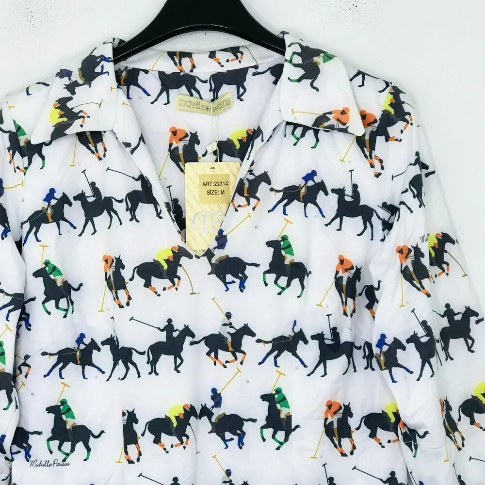 Michelle Parisou M Popover Shirt White Horse Polo Jockey Equestrian NWT CL17